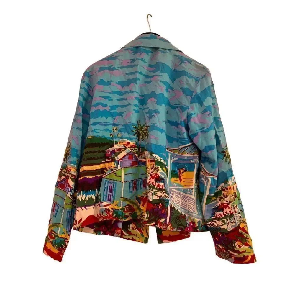 Kensington Lane Women's Multicolor Tropical Camo Long Sleeve Silk Top Small